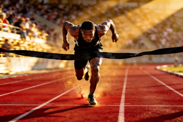 田径运动员在跑道上冲刺的终点瞬间